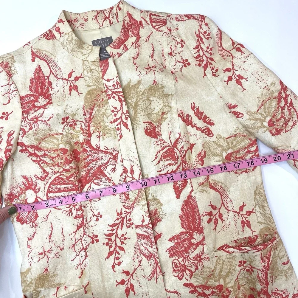 Sigrid Olsen Linen Coat Cream Coral Embroidery‎ Mandarin Collar Medium